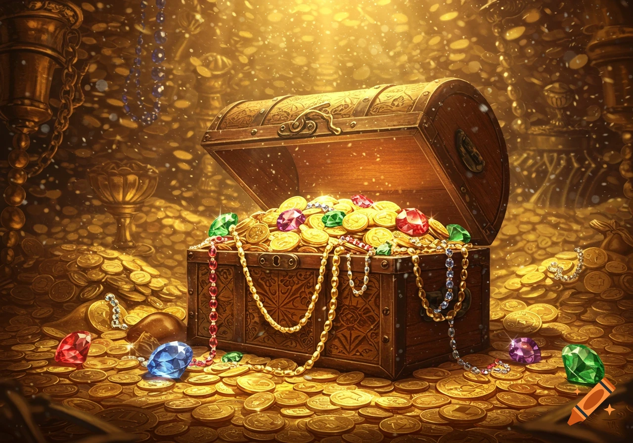 An open wooden treasure chest overflows with sparkling gold coins, colorful jewels, and beaded necklaces, all bathed in a golden glow.