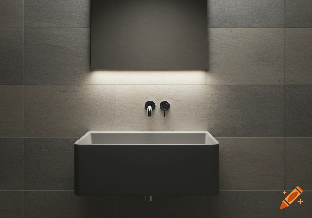 Photorealistic image of a modern gray ceramic washbasin with a wall-mounted faucet and lighted mirror, against beige and gray tiled walls.