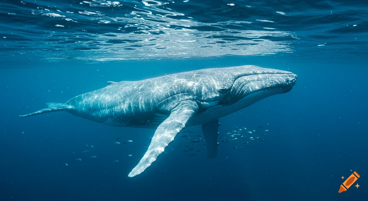 A majestic blue whale swims gracefully in the deep ocean, with sunlight filtering through the water and small fish nearby.