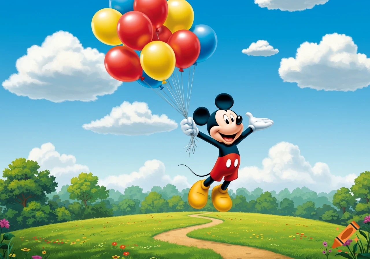 Cartoon Mickey Mouse floats joyfully, holding colorful balloons over a green meadow with a path, trees, and a blue sky.