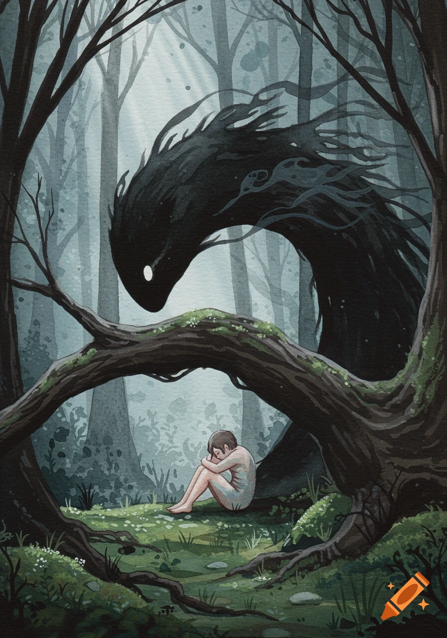 Watercolor painting of a small, nude child crouching in a dark forest beneath a large, shadowy monster.