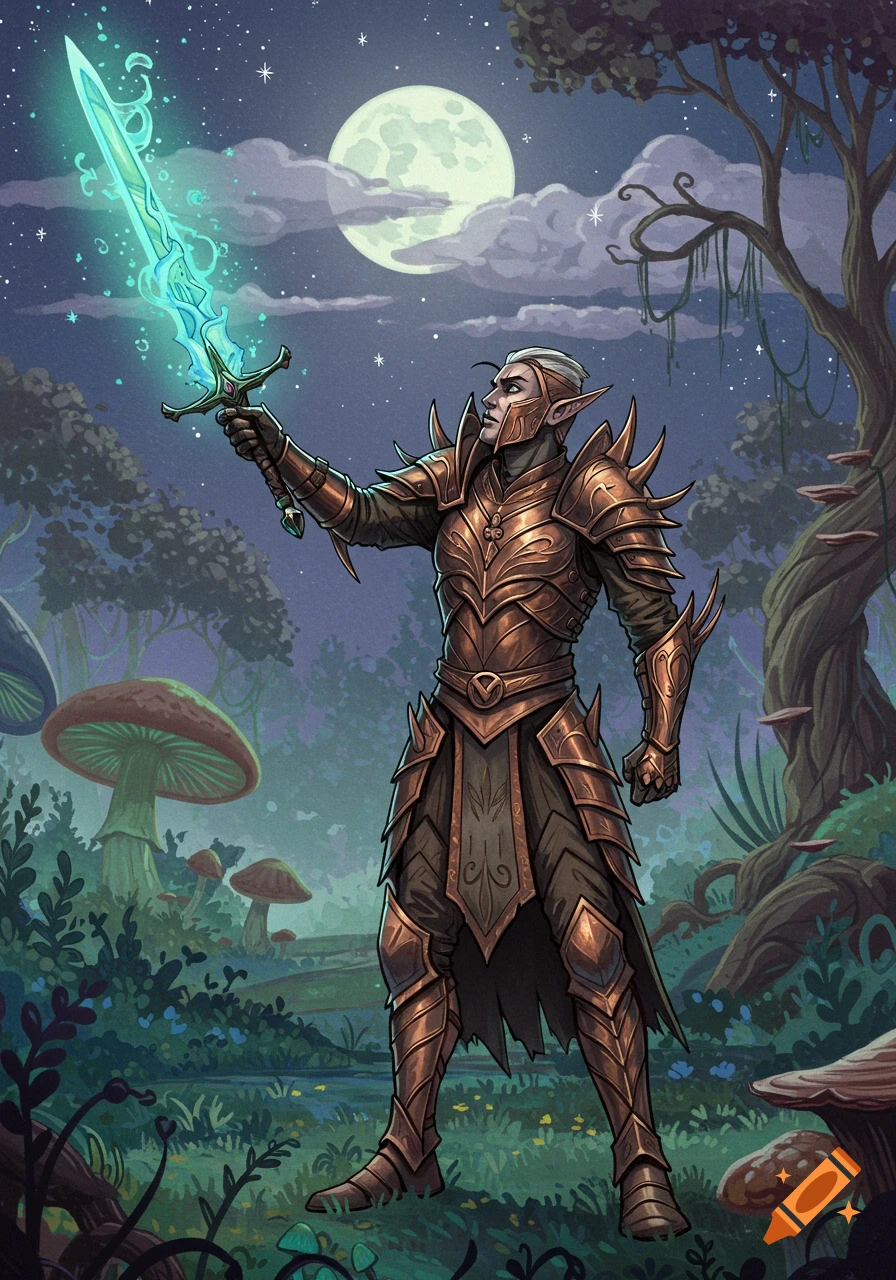 A Dark Elf hero in detailed gold armor holds a glowing teal sword aloft against a full moon in a whimsical, starry forest with giant mushrooms.