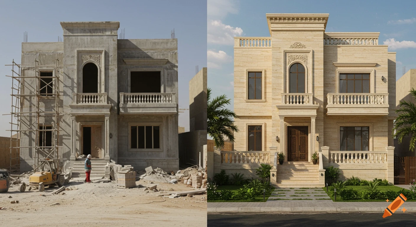 Side-by-side comparison of an unfinished concrete villa with scaffolding and its completed, luxurious travertine stone facade.