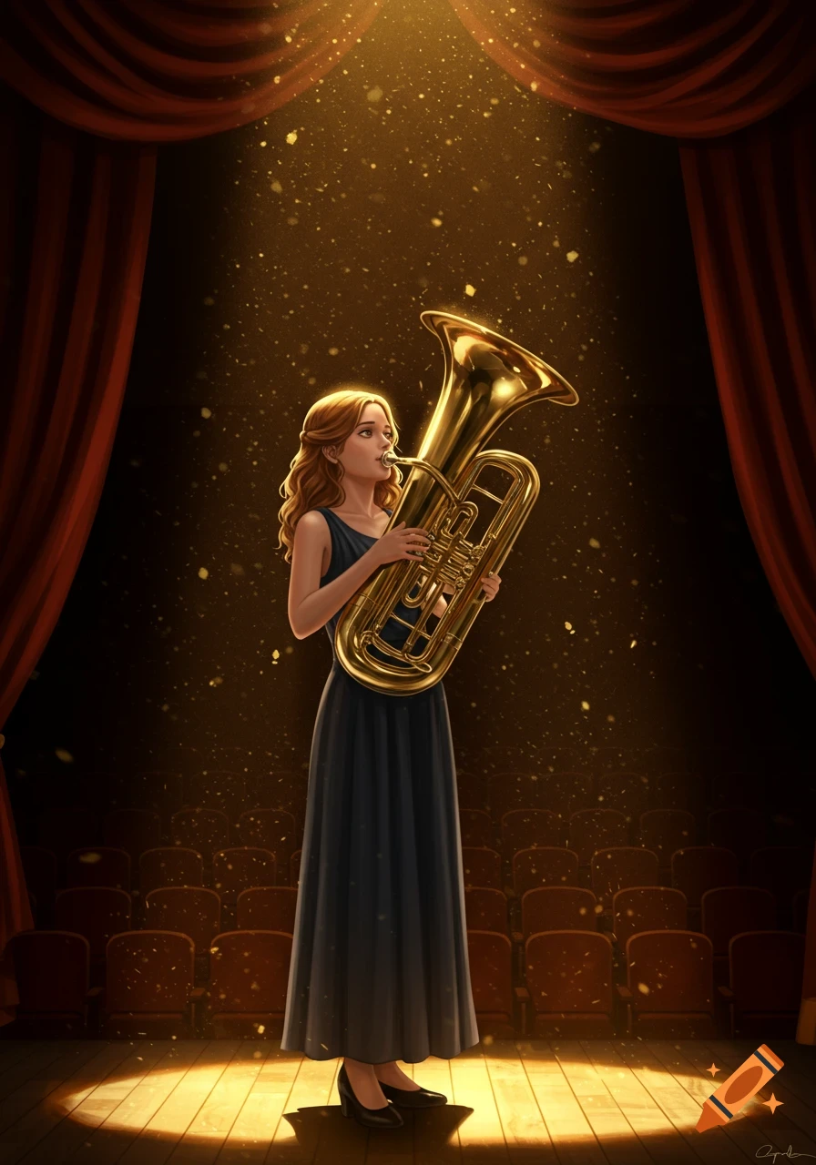An illustration of a young woman in a dark dress playing a golden euphonium on a spotlight-lit stage with red curtains and empty theater seats.