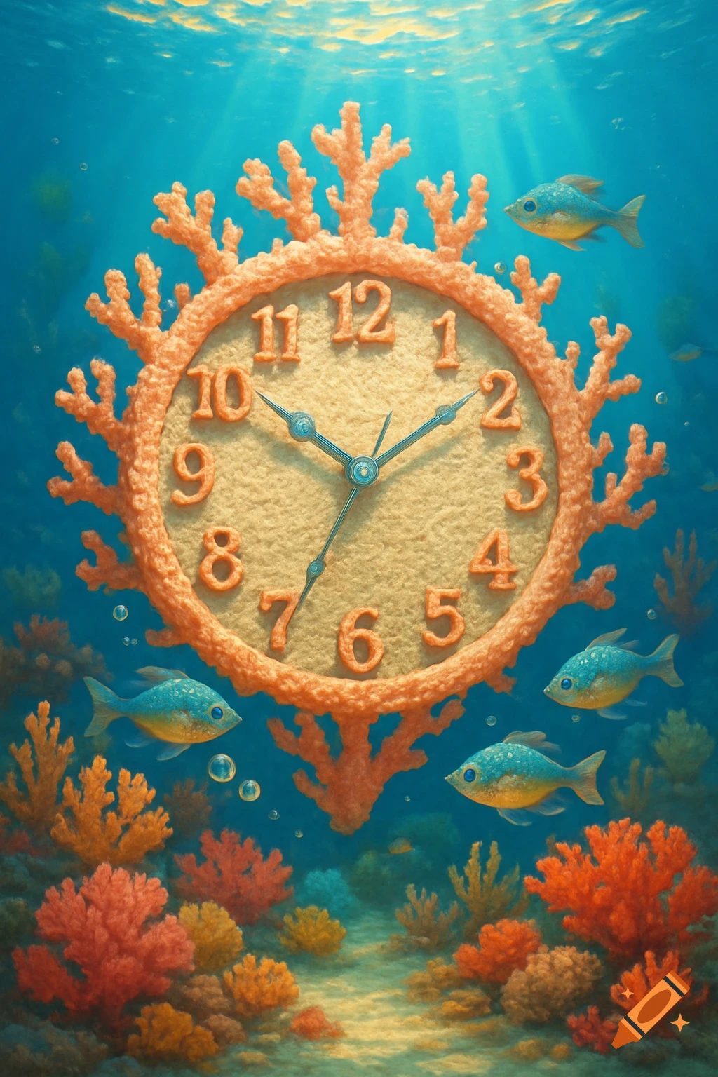 A vibrant underwater scene with a coral clock displaying 10:10, surrounded by colorful coral and small fish, with sunbeams from above.