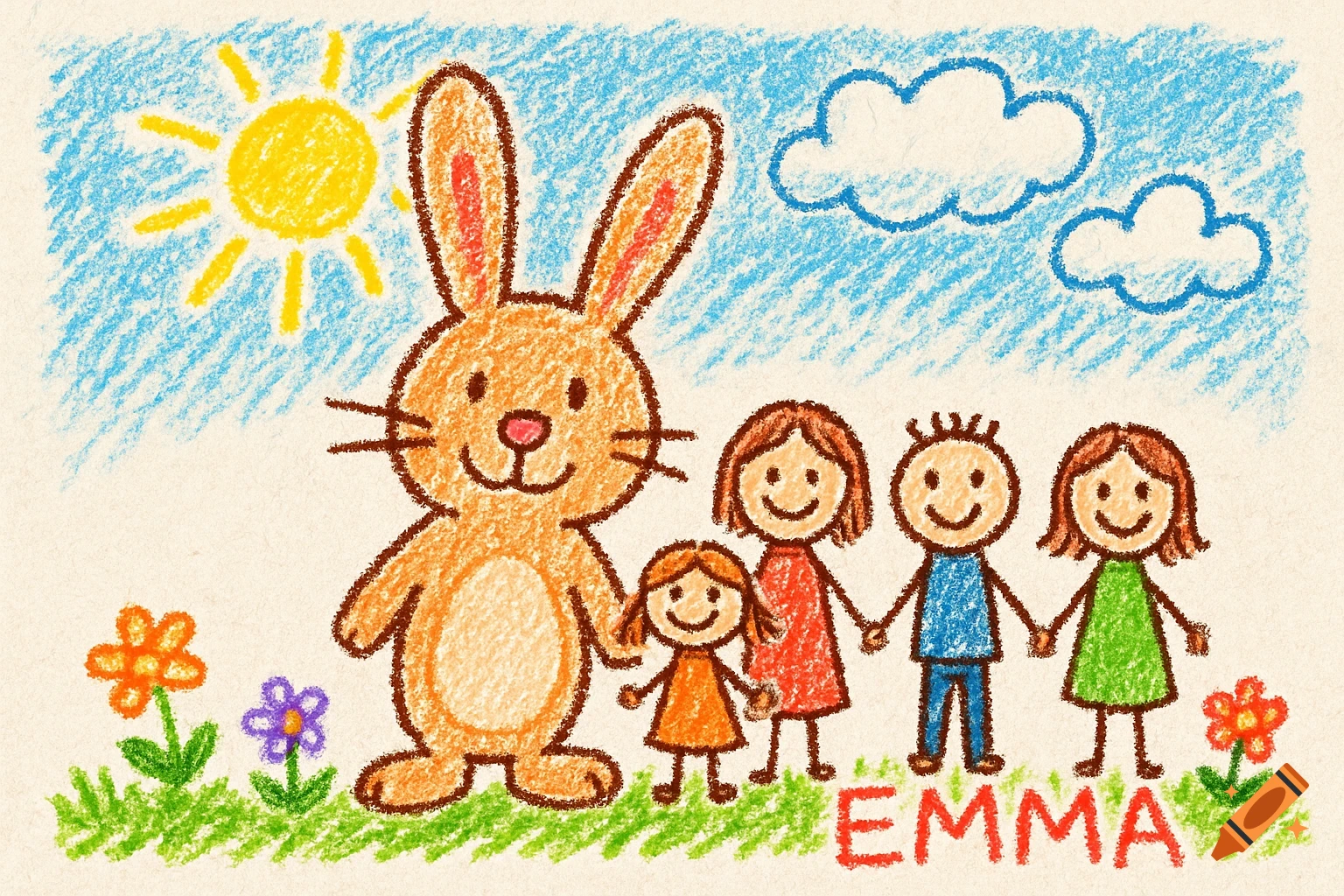 A child's crayon drawing of a happy brown bunny next to a smiling family of four, with a sun, clouds, grass, flowers, and 'EMMA' written.