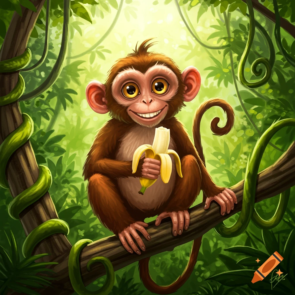 A happy cartoon monkey with big eyes sits on a branch, peeling a banana in a lush green jungle.
