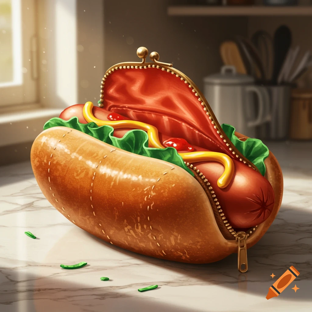 A photorealistic hotdog with mustard and ketchup, shaped like an open coin purse with a zipper, on a marble kitchen counter.