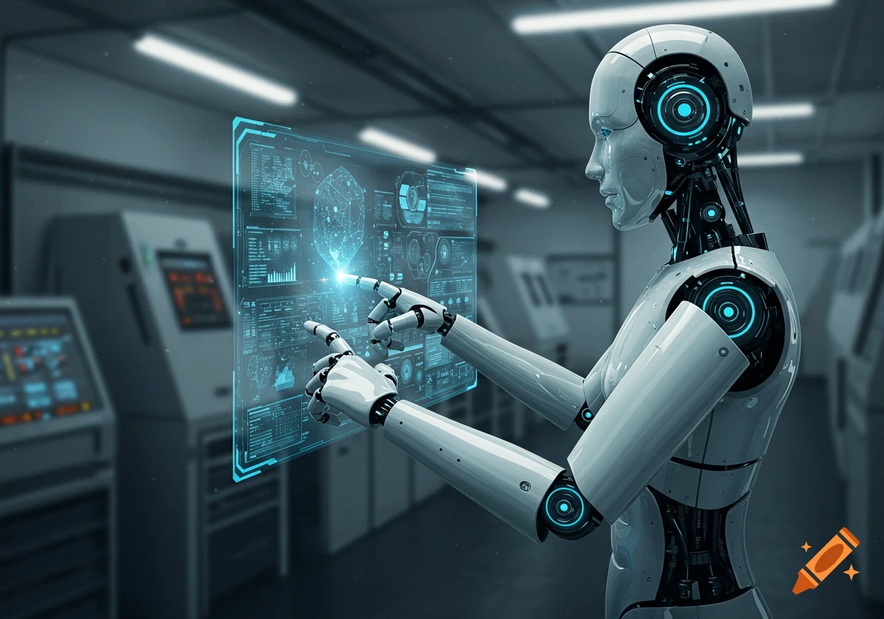 A white robot with glowing blue accents interacts with a translucent holographic display in a high-tech lab, touching it. Photorealistic.