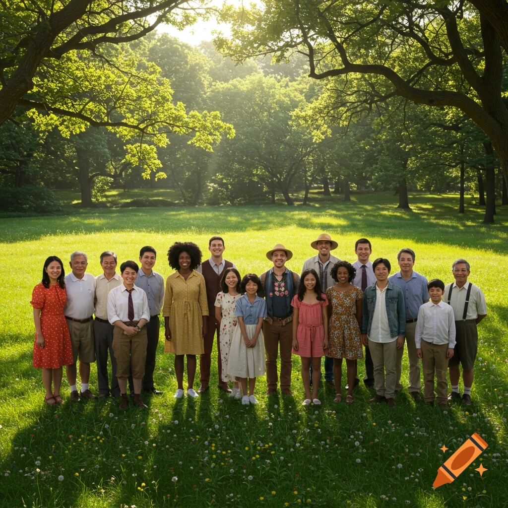 A diverse group of adults and children smiling and standing in a sunlit park with lush green trees and grass.