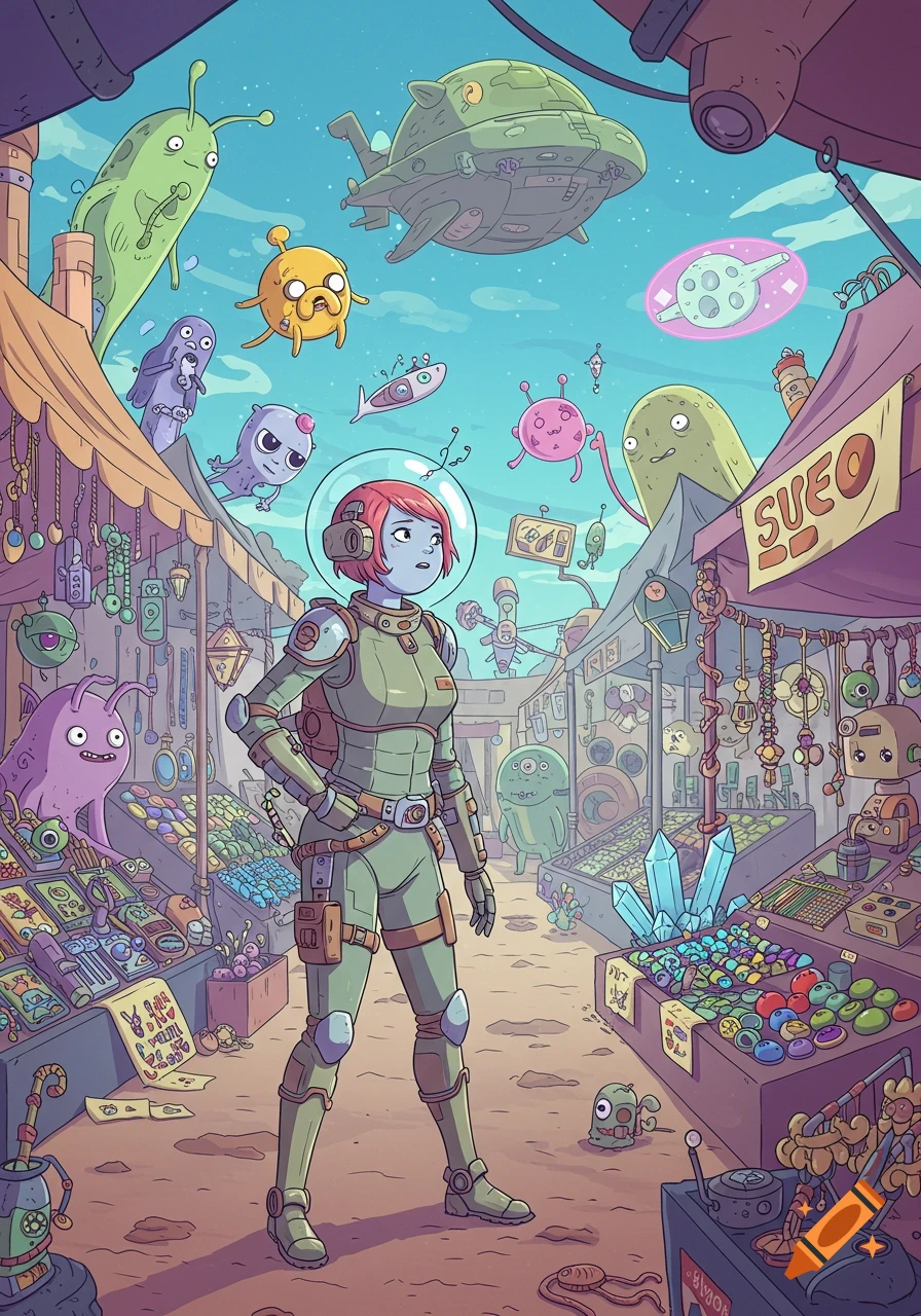 A female space rogue in a green suit and helmet stands in a bustling alien market, surrounded by strange creatures and wares in a cartoon style.