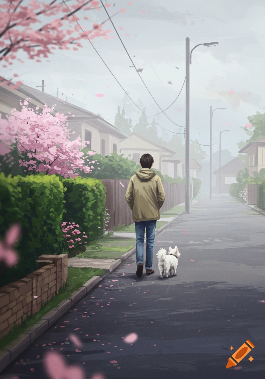 An anime-style illustration of a person walking a small white dog down a suburban street lined with cherry blossom trees.