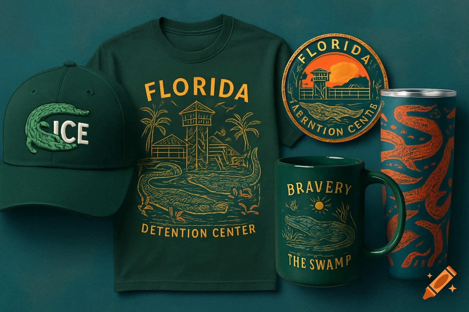A collection of green merchandise including a hat, t-shirt, mug, patch, and tumbler, with designs of alligators, swamps, and text about 'Florida Detention Center' and 'ICE'.