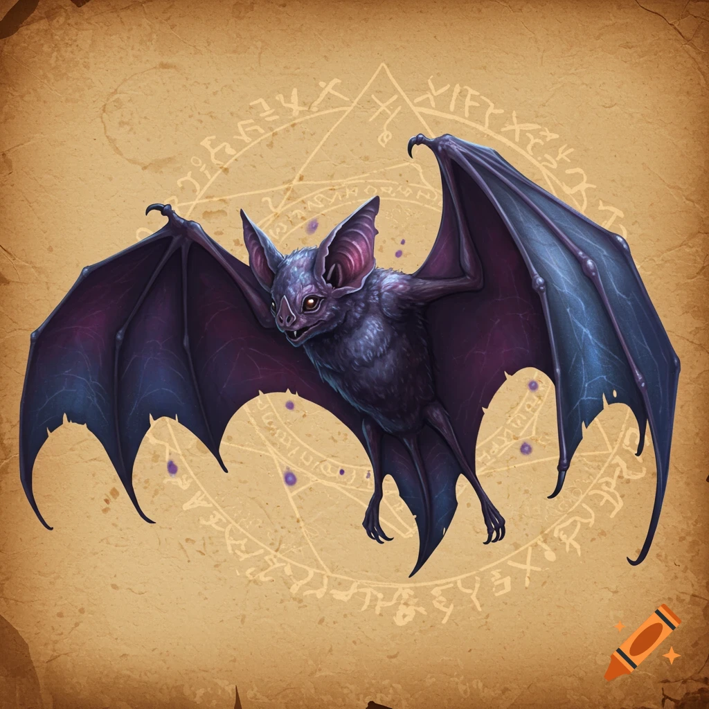 A painterly fantasy bat with purple wings and glowing eyes against an aged parchment background with arcane symbols.