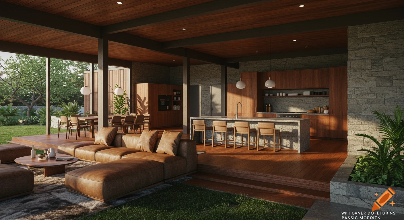 A luxurious, open-concept mid-century modern living room, dining area, and kitchen with a large brown leather sofa, wooden floors and ceiling, and stone walls, overlooking a lush green garden.