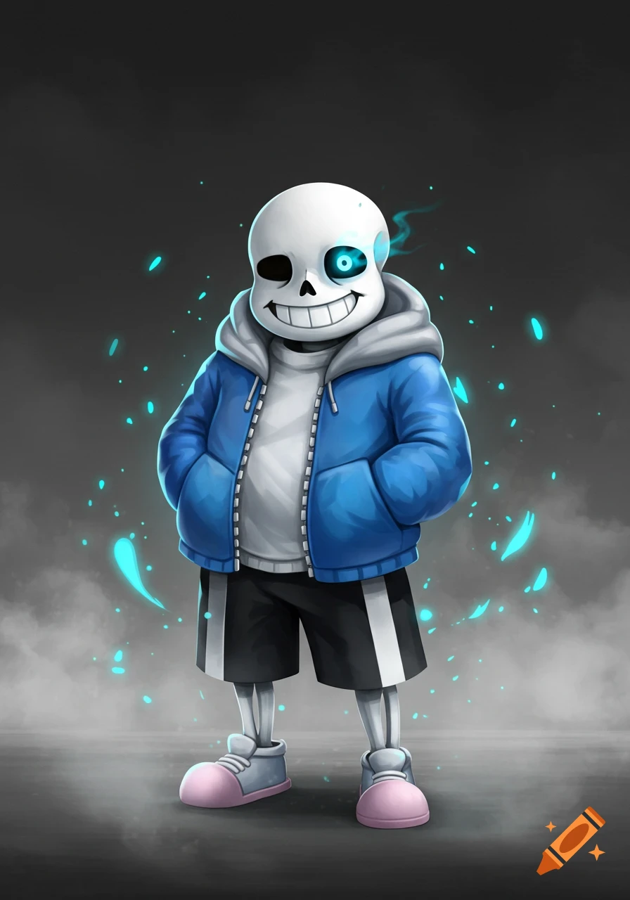 Stylized cartoon skeleton character, Sans from Undertale, wearing a blue hoodie and black shorts, with one glowing blue eye, surrounded by blue energy.