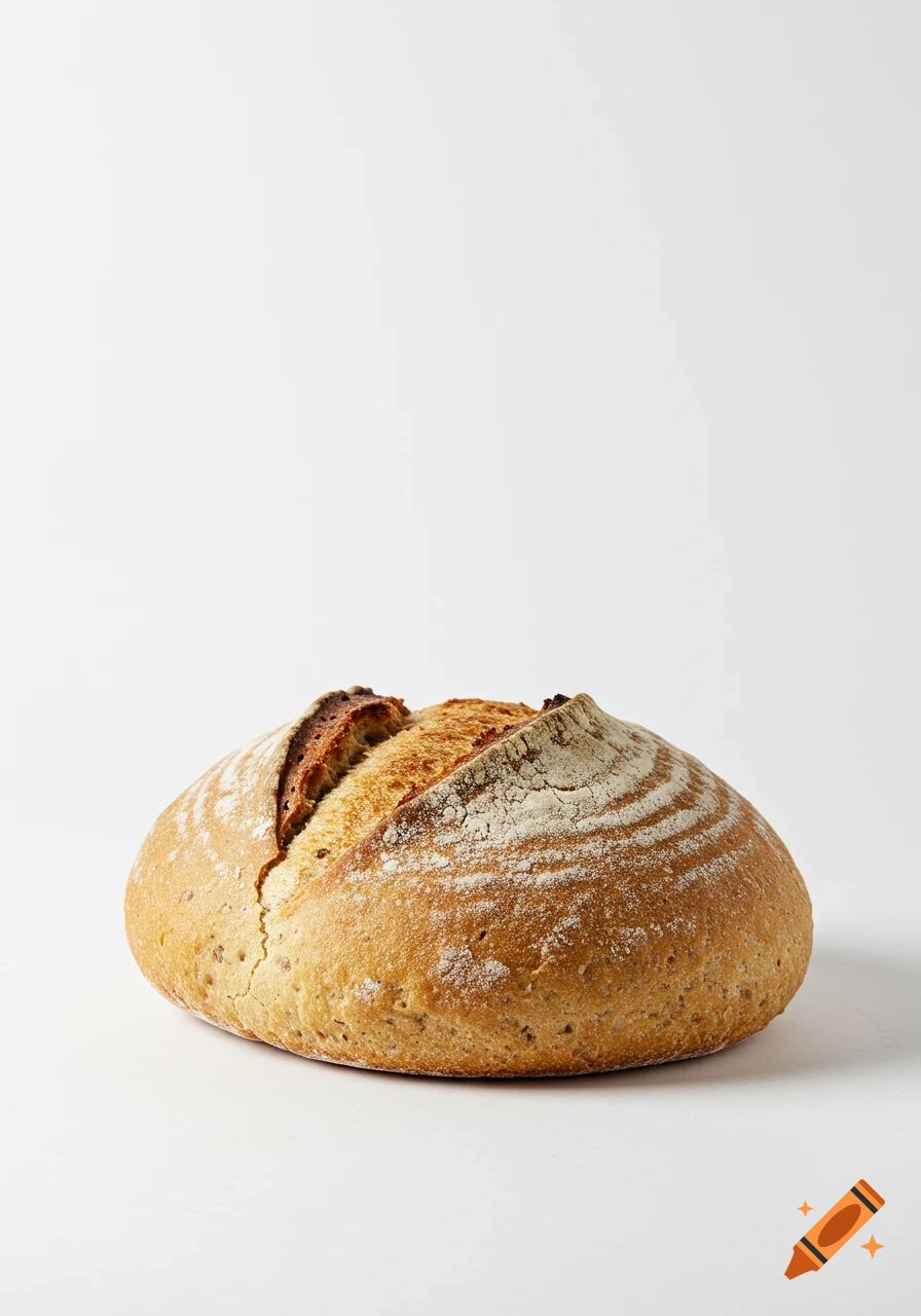 A rustic round loaf of bread, scored and dusted with flour, on a clean white background.