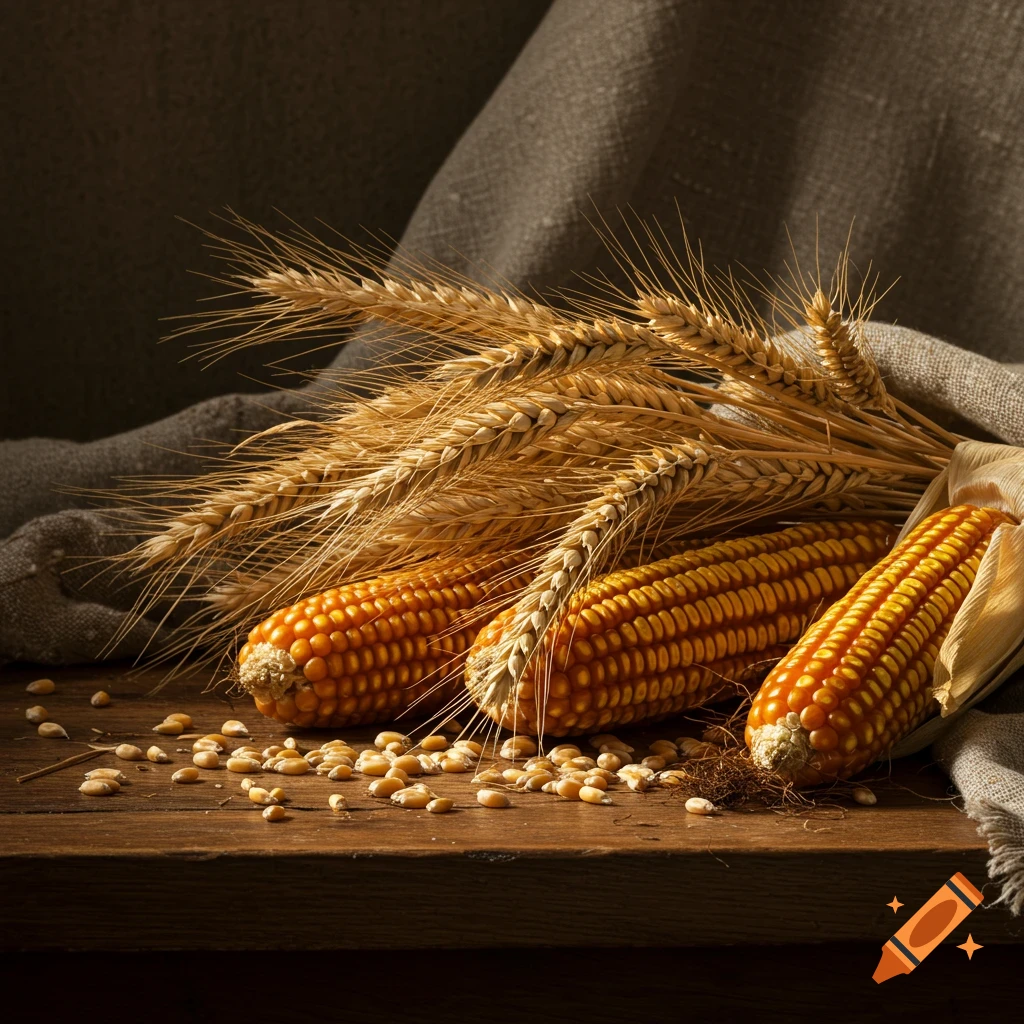 Photorealistic still life of three corn cobs and a bundle of wheat stalks on a wooden table with scattered kernels.