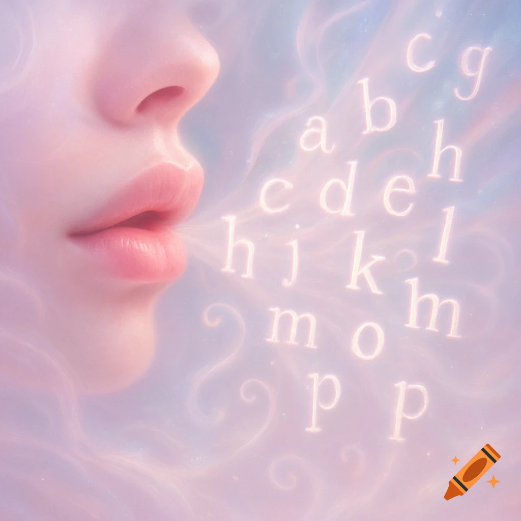 A close-up of pink lips in profile, exhaling glowing white lowercase letters and ethereal pink mist into a light purple background.