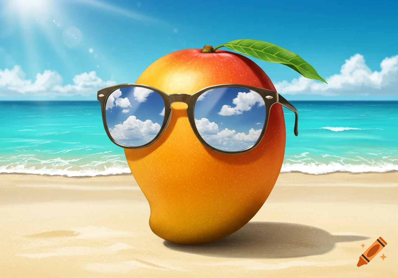 A stylized illustration of a mango wearing sunglasses on a sandy beach with the ocean and blue sky.