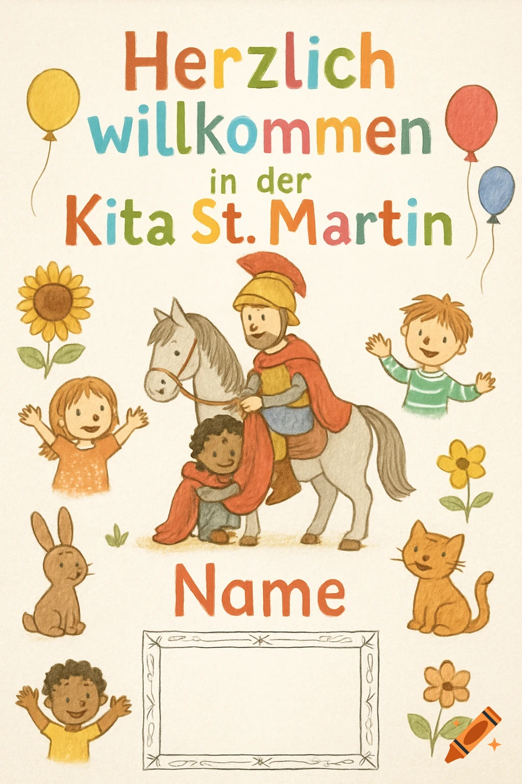 Colorful children's illustration for a kindergarten welcome card with St. Martin on a horse, kids, animals, and 'Herzlich willkommen in der Kita St. Martin' text.