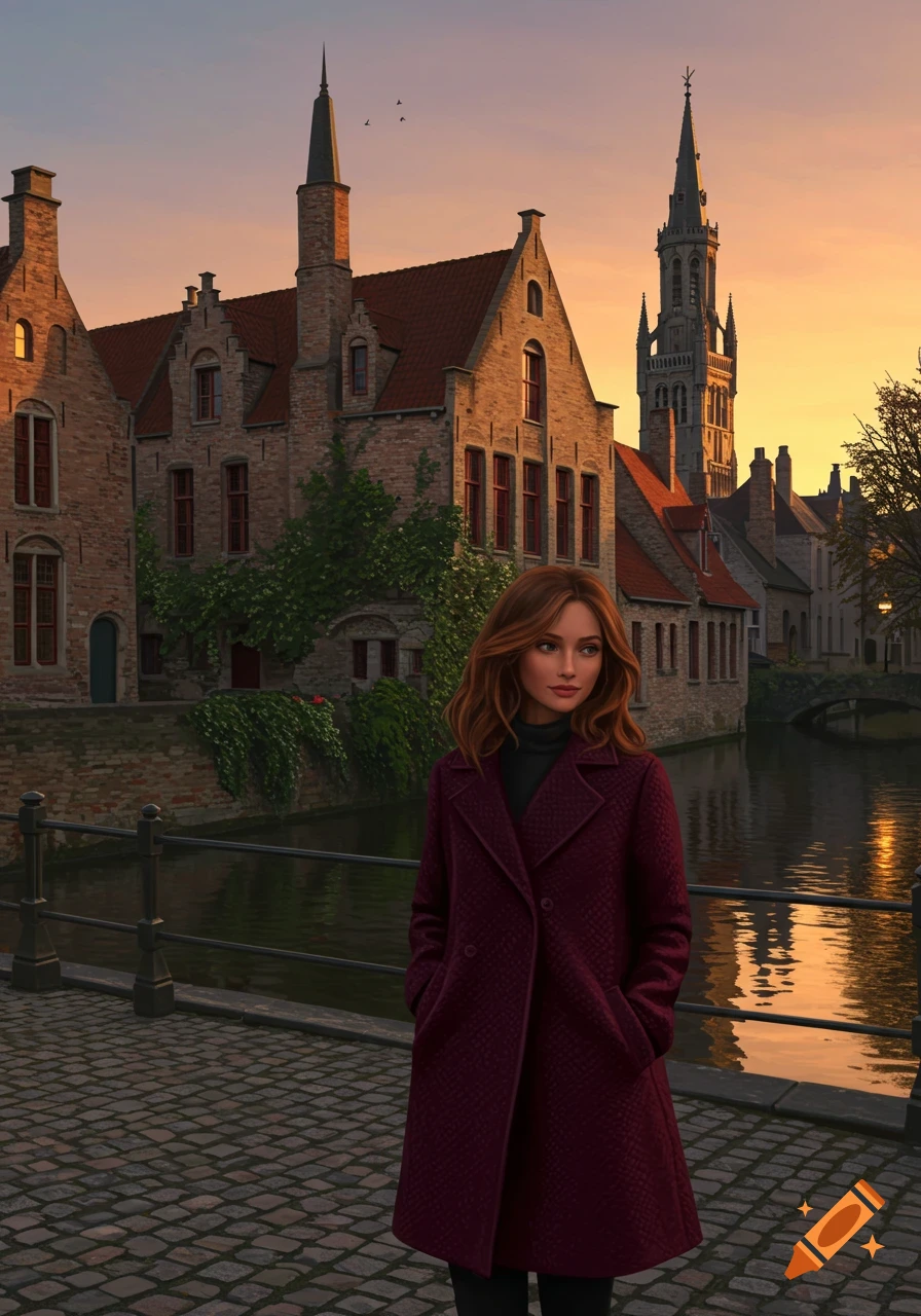 A woman in a burgundy coat stands on a bridge over a canal in Bruges, Belgium, at sunset, with historic buildings.