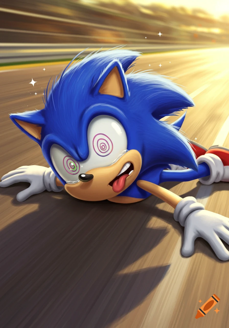 Cartoon Sonic the Hedgehog lying knocked out on a car track, with swirly eyes and his tongue sticking out.