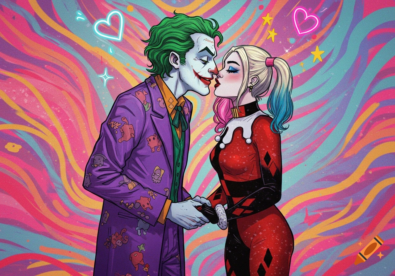 Joker and Harley Quinn, in colorful comic book style, hold hands and lean in for a kiss against a vibrant, psychedelic background.