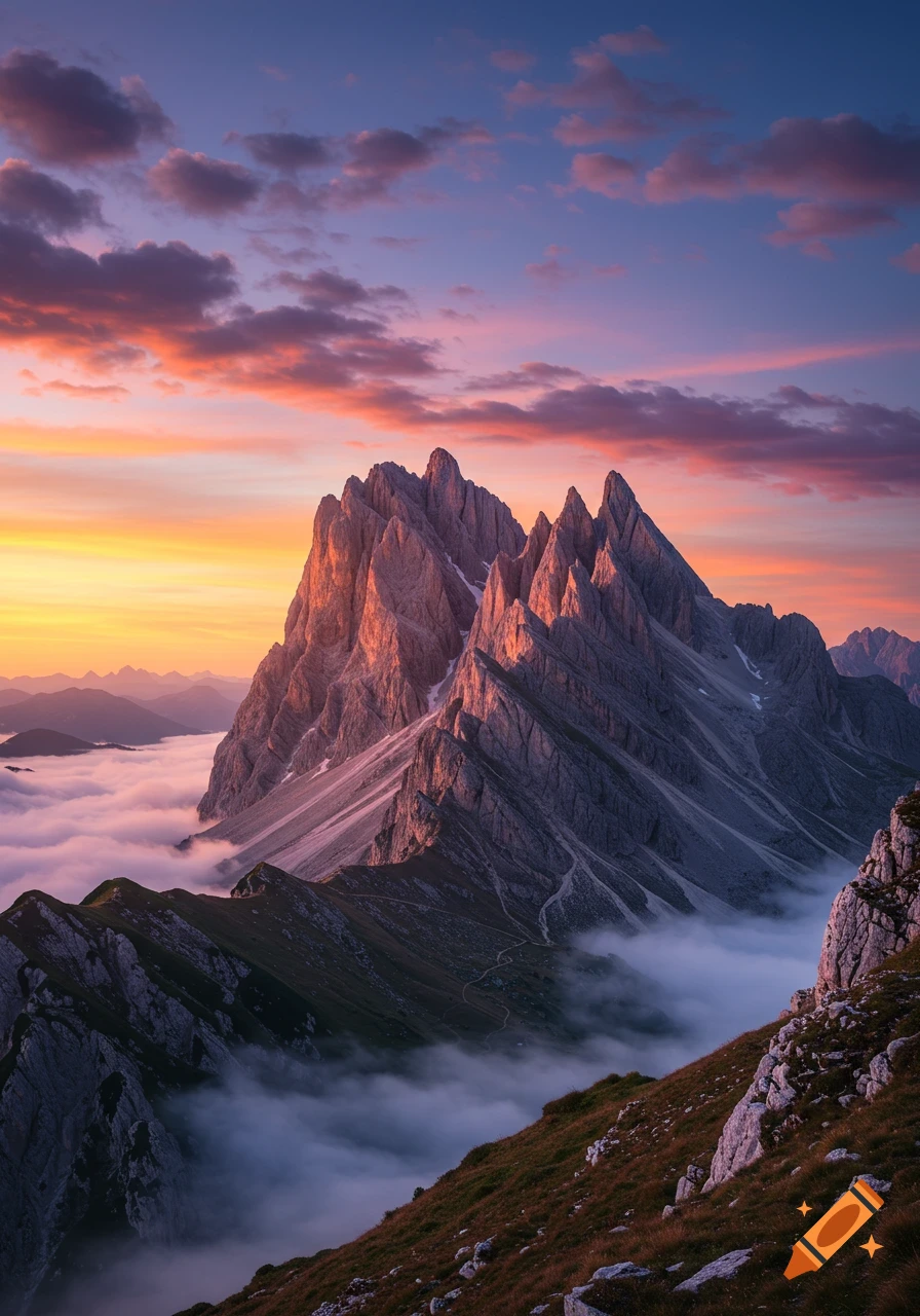 Jagged mountain peaks glow in the warm light of a colorful sunset, with clouds filling the valleys.