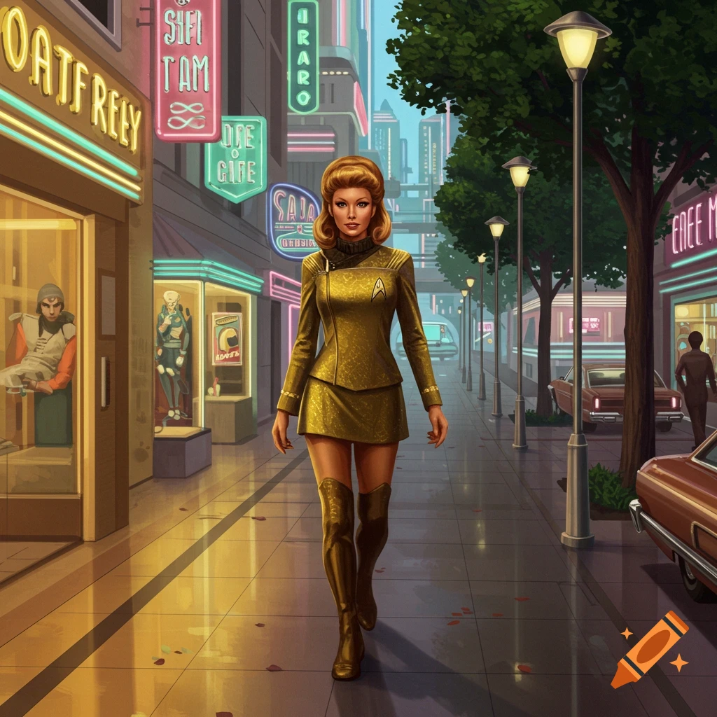 A retrofuturistic illustration of a woman in a gold Starfleet uniform walking down a city street lined with shops and neon signs.