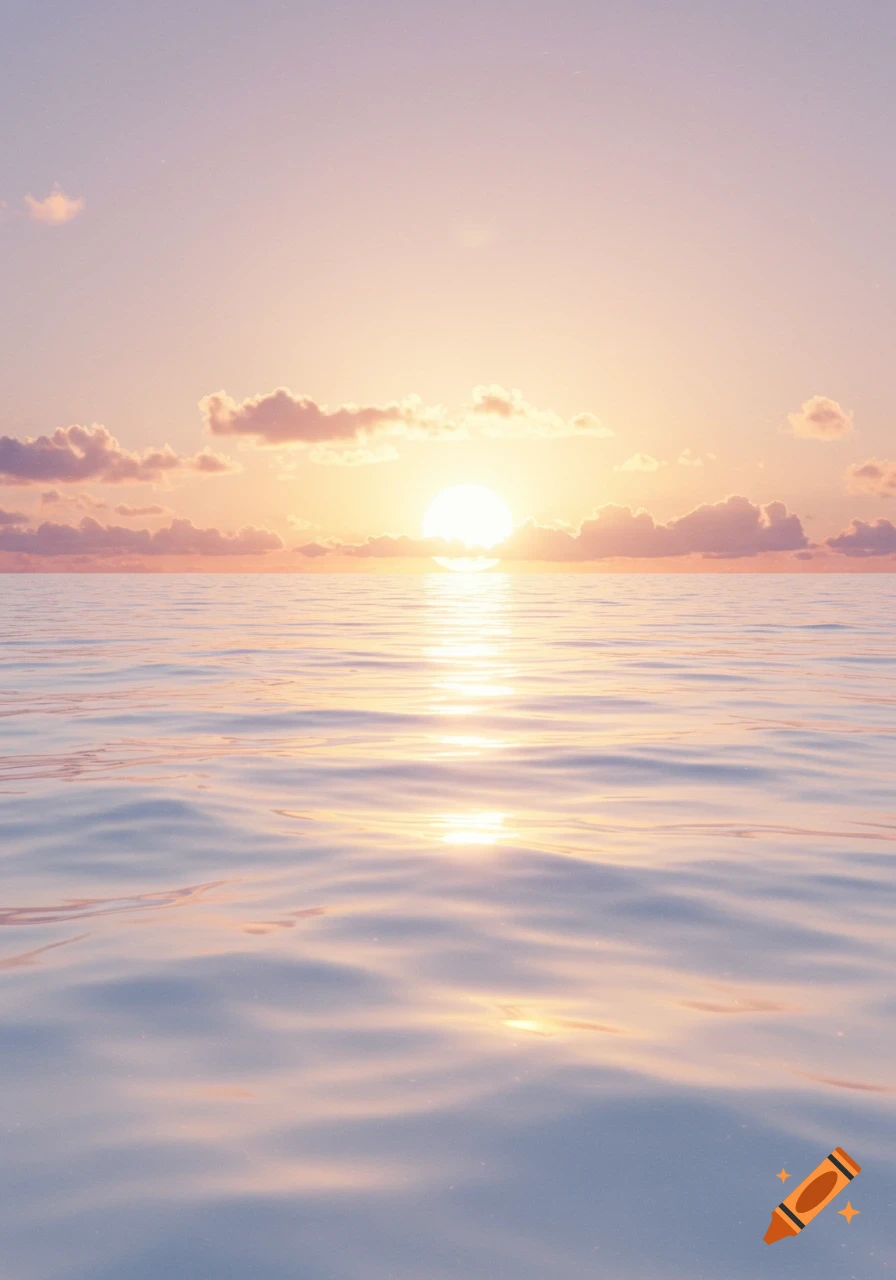 A beautiful sunset over a calm ocean, with a bright sun reflecting on the water and soft clouds in a pastel sky.