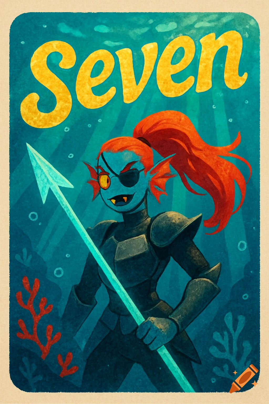 Undyne from Undertale in armor holding a spear underwater, with the word 'Seven' at the top, in a stylized illustration.