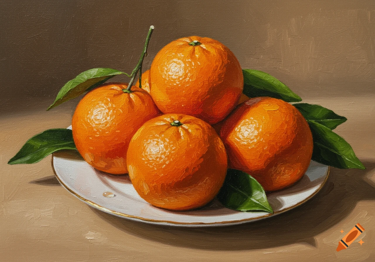 Oil painting of a still life with several oranges and green leaves on a white plate against a brown background.