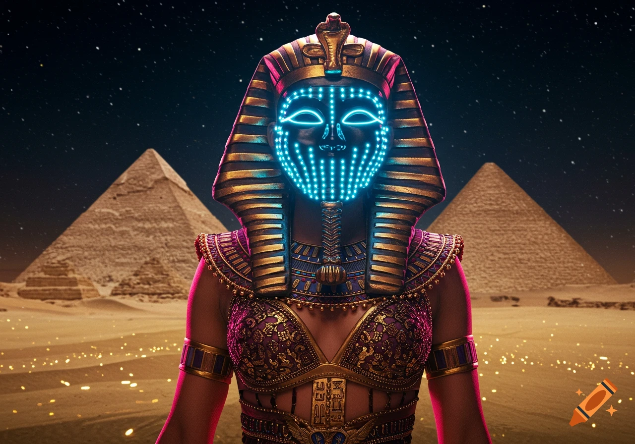 A person in an ornate Egyptian pharaoh costume with a glowing blue mask stands in a desert with pyramids under a starry night sky.
