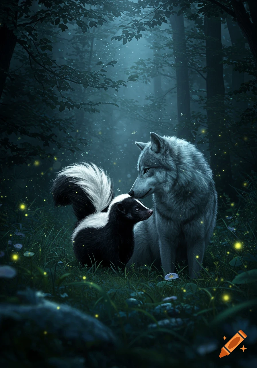A gray wolf gently nuzzles a black and white skunk in a dark, enchanting forest lit by glowing specks of light. Digital painting.