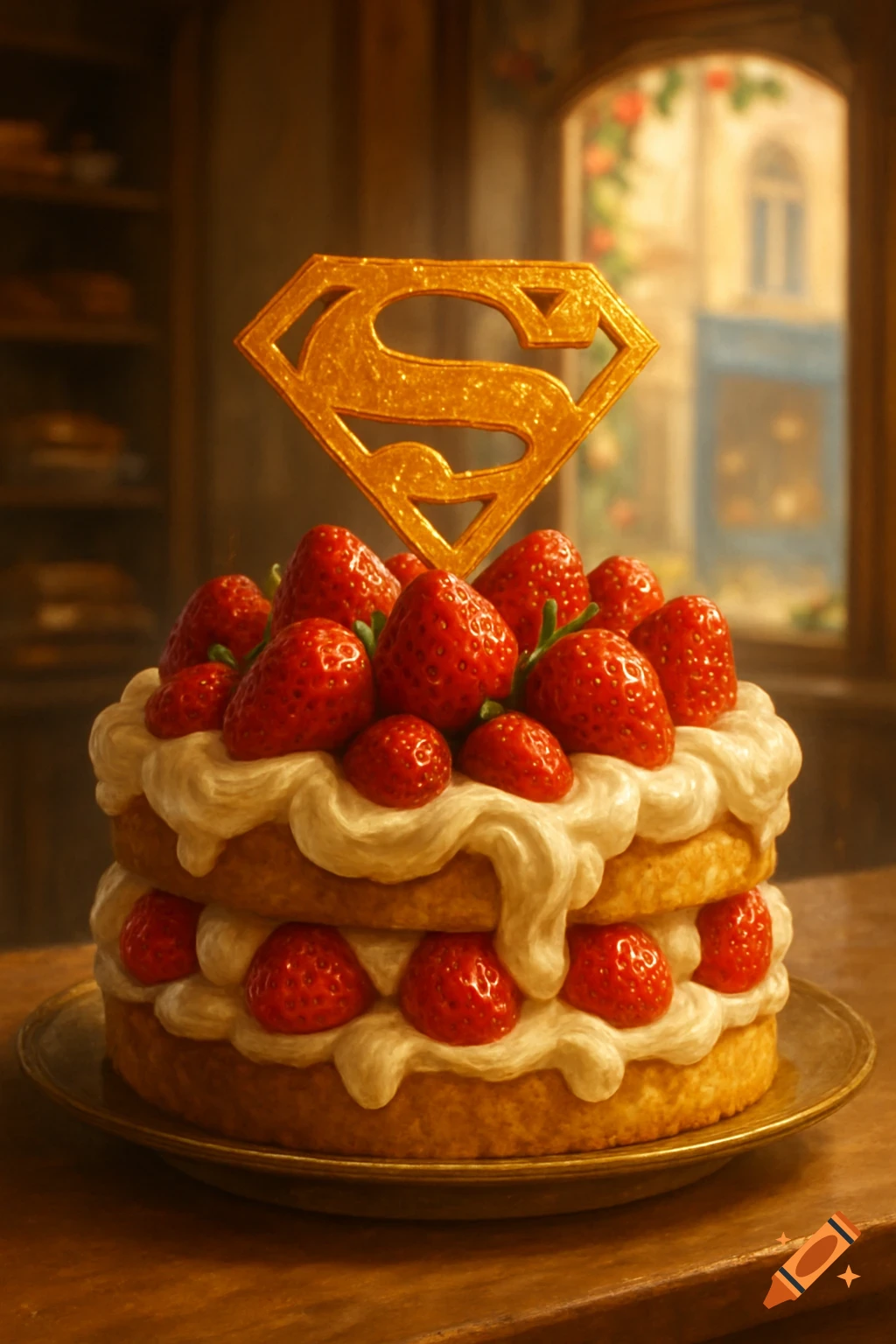 A two-tier strawberry shortcake with cream and fresh strawberries, topped with a golden glittery Superman 'S' symbol, in a cozy setting.