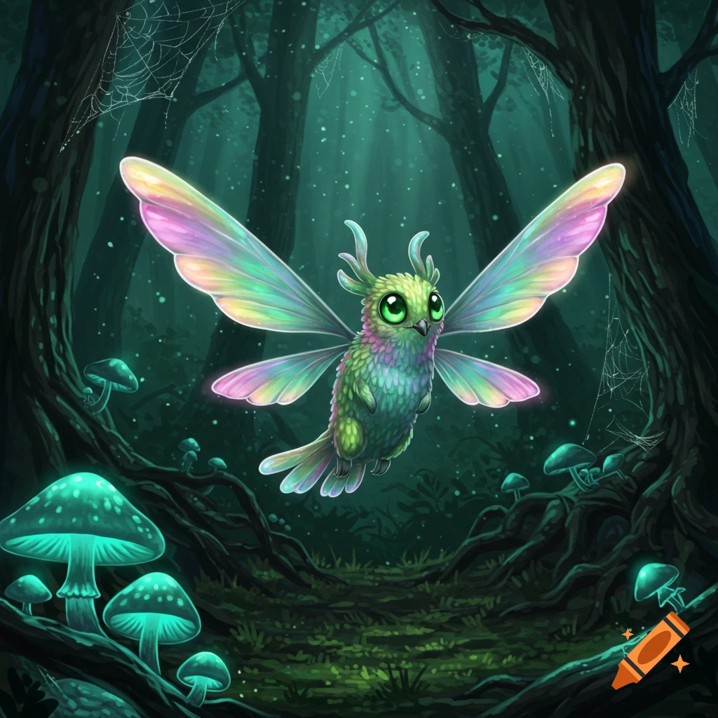 A whimsical illustration of a cute green fairy creature with colorful iridescent wings flying through a dark, magical forest with glowing mushrooms.