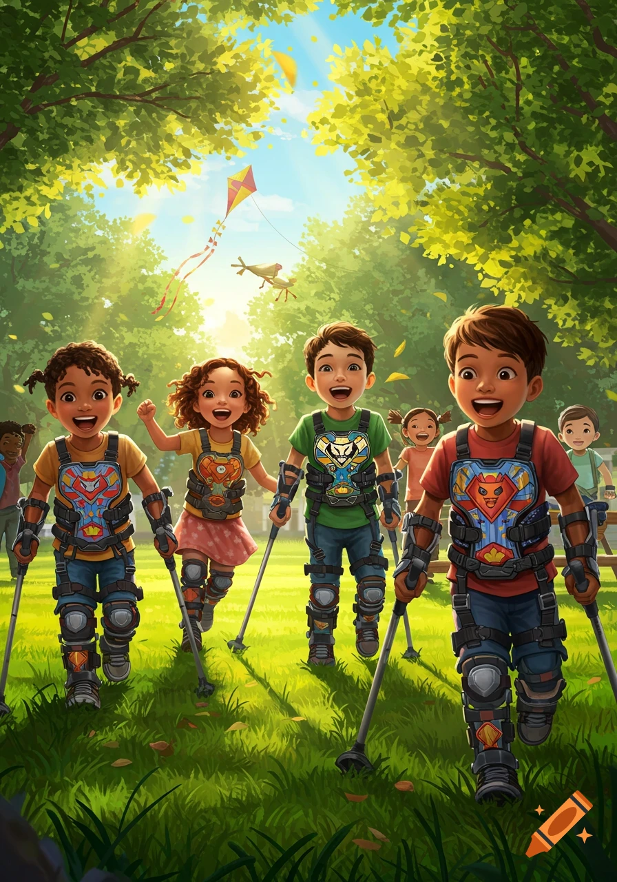 Vibrant illustration of happy children with leg orthoses and walking poles playing in a sunny park with a kite in the sky.