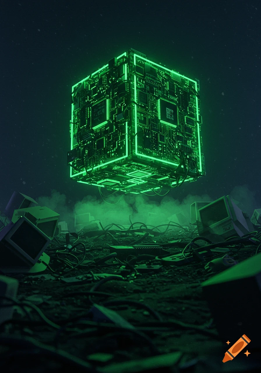 A glowing neon green cube made of circuit boards floats above a junkyard filled with old computers and wires, shrouded in green mist.