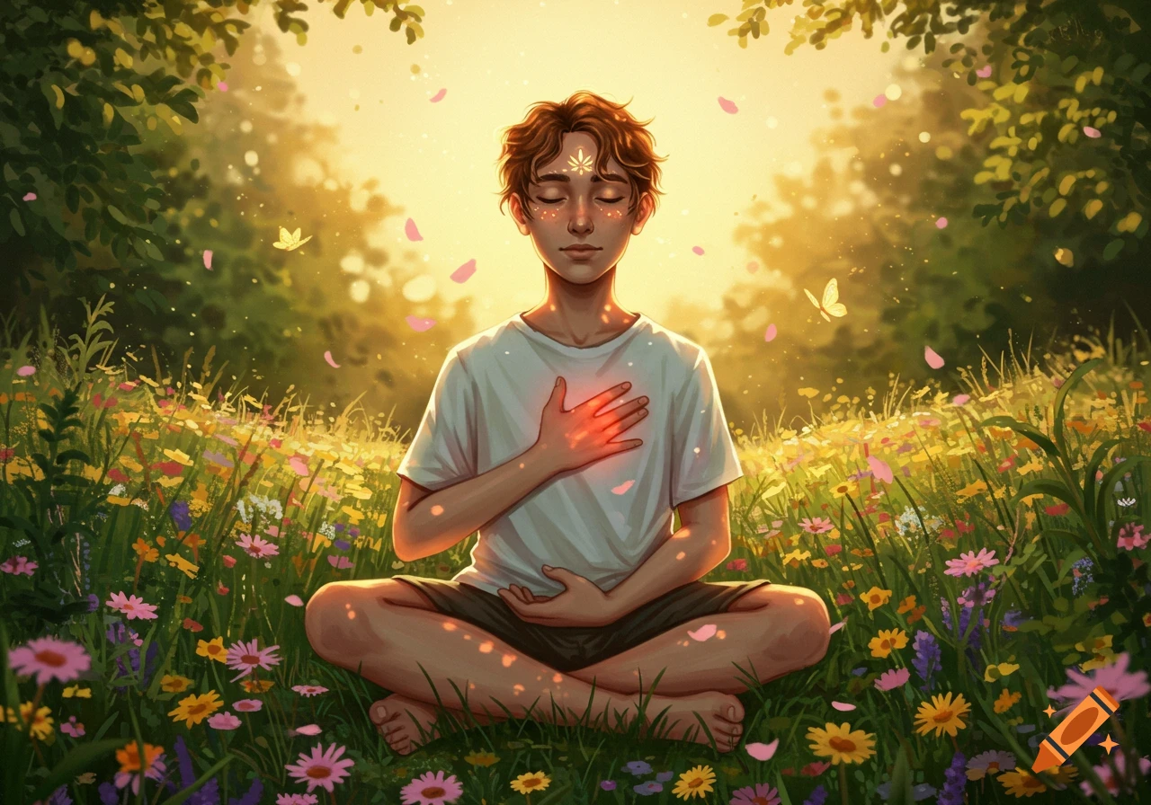 An illustrated young person meditates with closed eyes in a vibrant, sunny wildflower field, with glowing light on their chest and forehead.