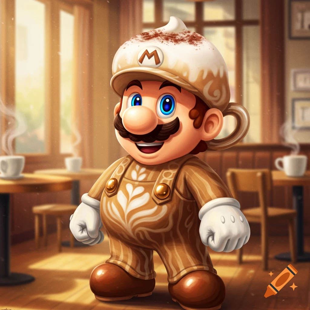 Stylized Mario character in a cappuccino costume with whipped cream hat, latte art overalls, and cup handle ear in a sunlit coffee shop.