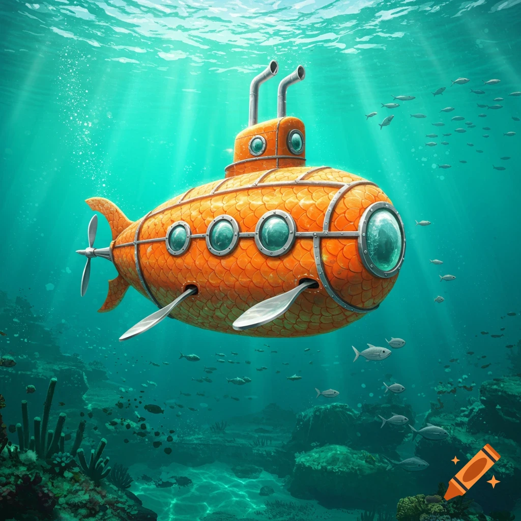 A cartoonish orange submarine with scales and spoon-like propellers submerges in turquoise ocean water with fish and coral.