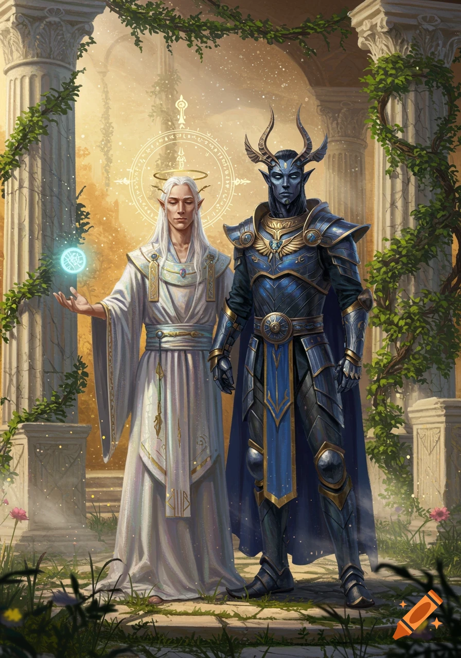 Two fantasy figures, an ethereal elf in white robes and a horned warrior in blue armor, stand in an ancient temple courtyard.