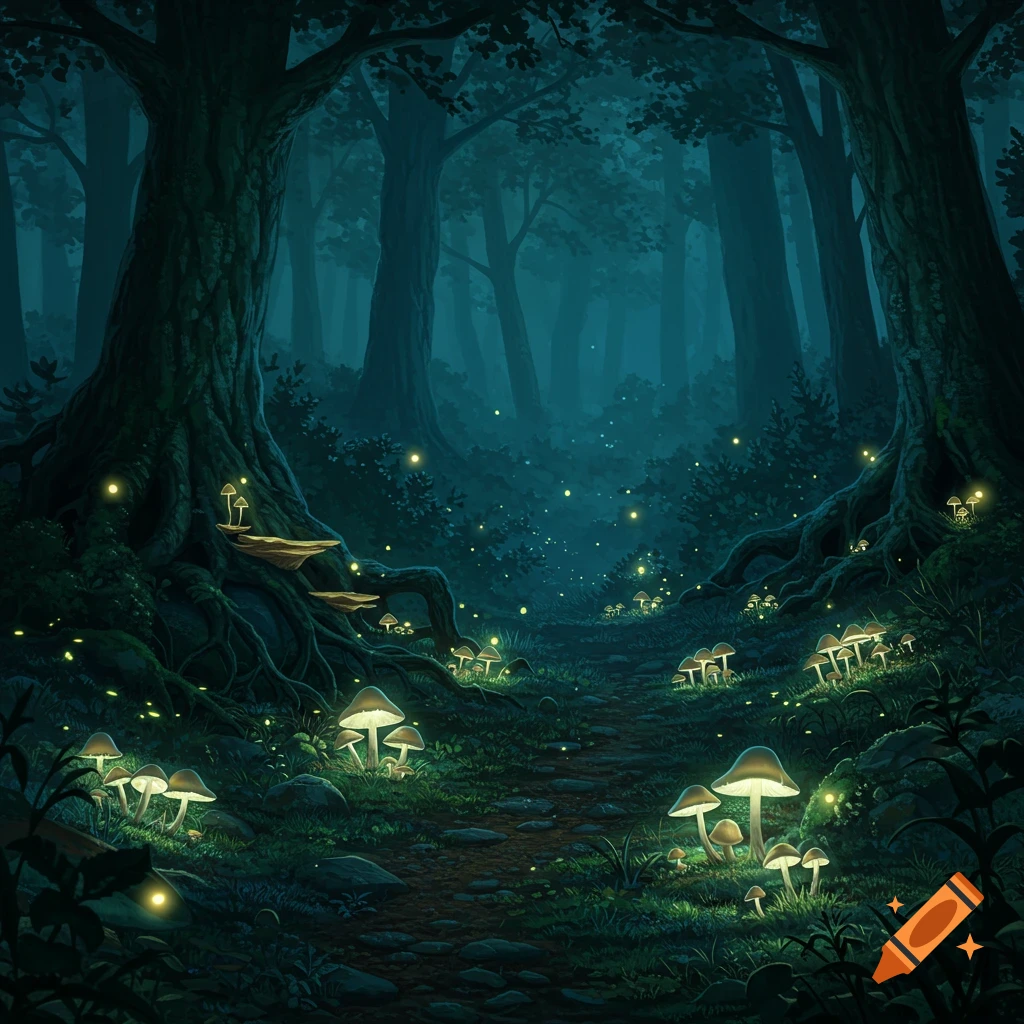 A magical forest at night with ancient trees, glowing mushrooms, fireflies, and a winding path, in a fantasy illustration style.