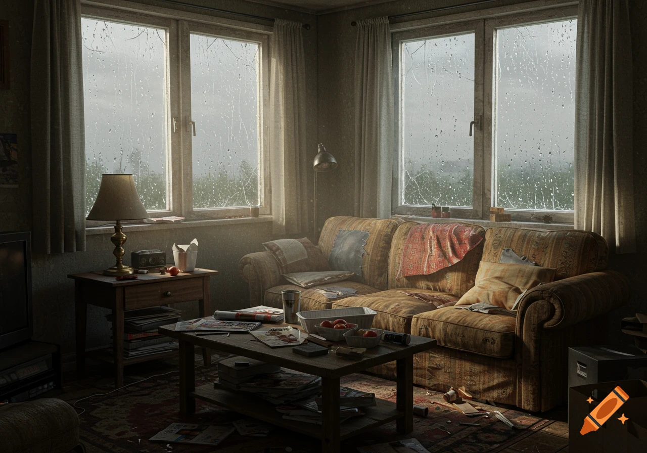 A cluttered, lived-in living room with a worn couch and coffee table. Large windows show rain streaming down, creating a dreary atmosphere in the photorealistic scene.