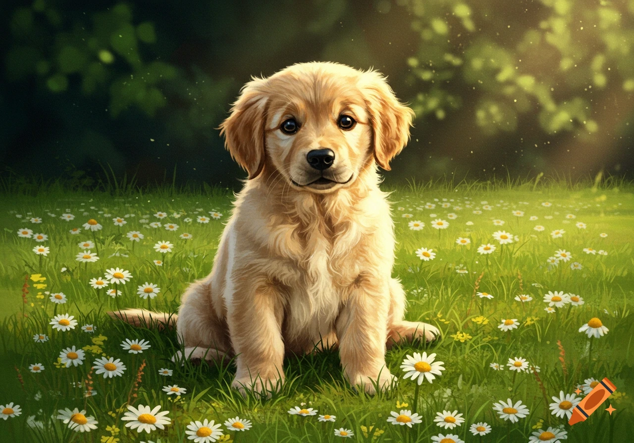 A cute golden retriever puppy sits front-facing in a sunny field of white daisies, digital illustration.