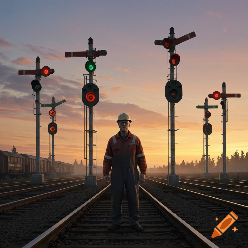 An old railroad worker stands on train tracks surrounded by signals at sunset.