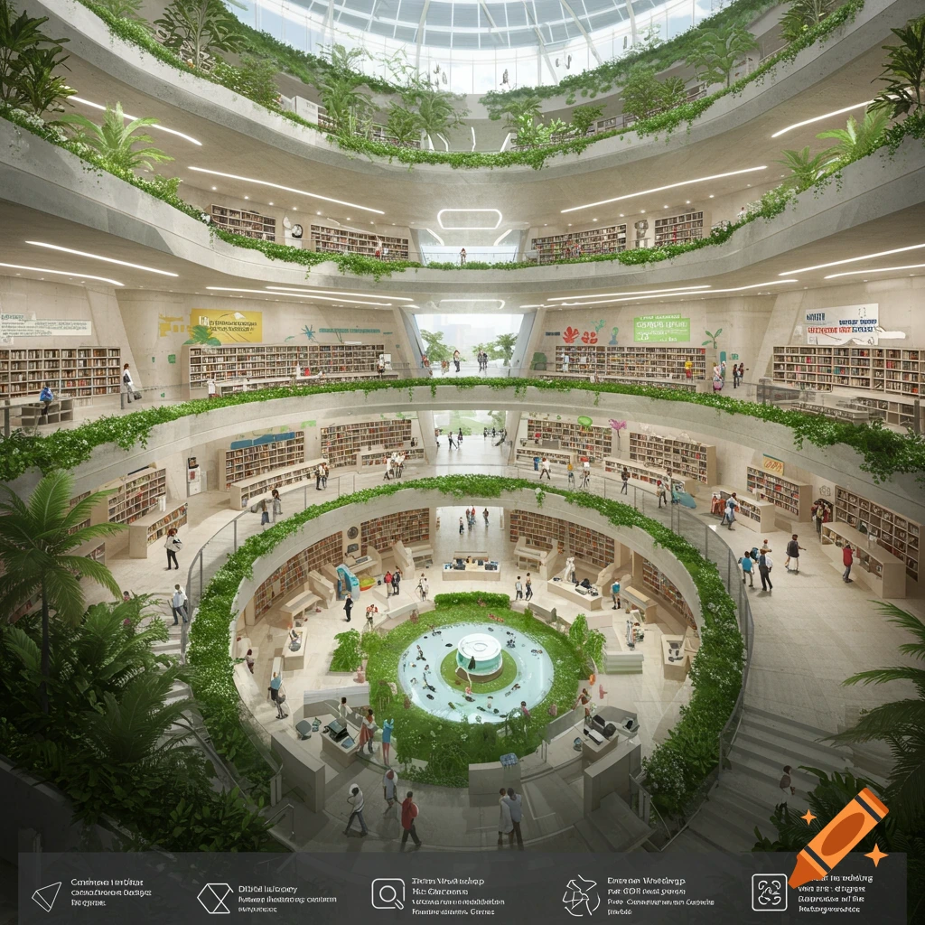A photorealistic, futuristic multi-level library with lush greenery, a central water feature, and numerous people studying and interacting.