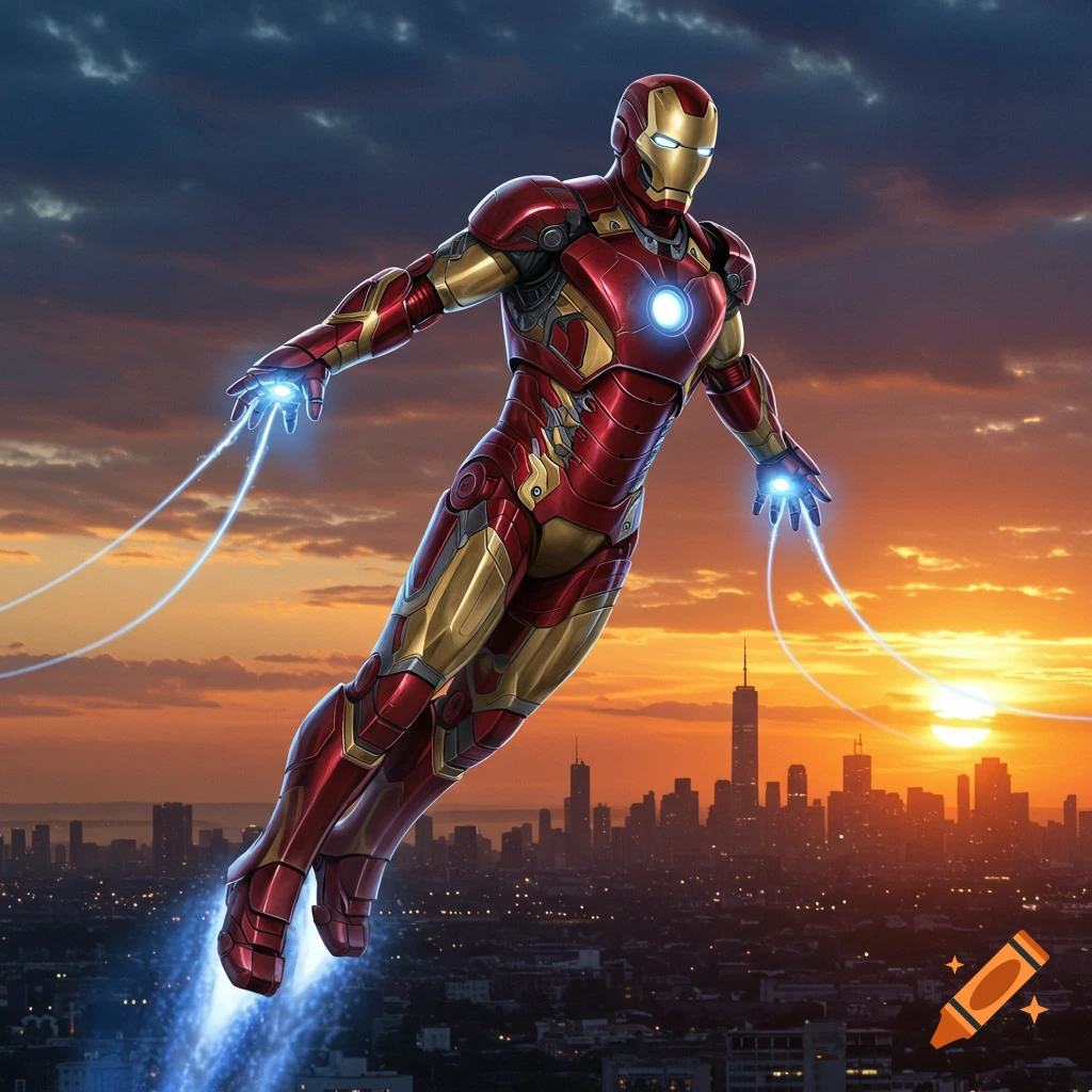 Photorealistic Iron Man flying above a city skyline at sunset with glowing repulsor blasts.
