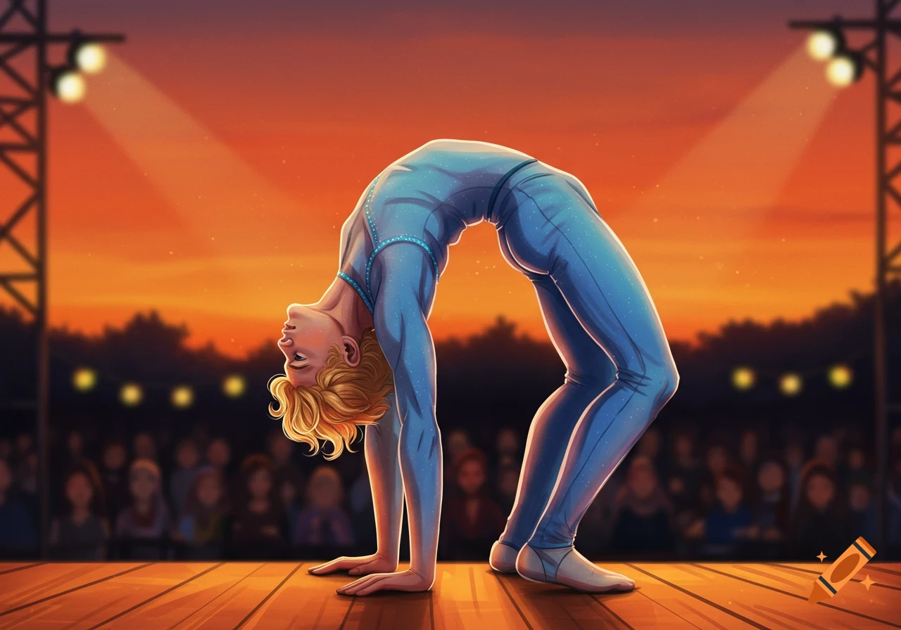 A blonde contortionist in a blue leotard performs a bridge pose on a wooden stage under spotlights, illustrated style.